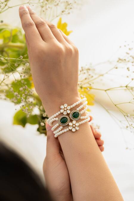 Do Taara_Green Pearls, Crystals Polki Bracelet _Online_at_Aza_Fashions