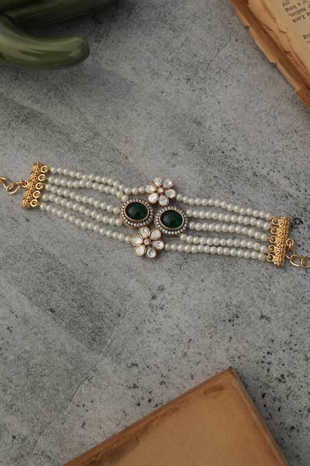 Shop_Do Taara_Green Pearls, Crystals Polki Bracelet _Online_at_Aza_Fashions