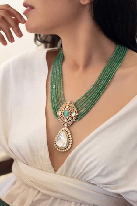 Shop Do Taara Mint Floral Polki Necklace Online at Aza Fashions Shop_Do Taara_Mint Floral Polki Necklace _Online_at_Aza_Fashions