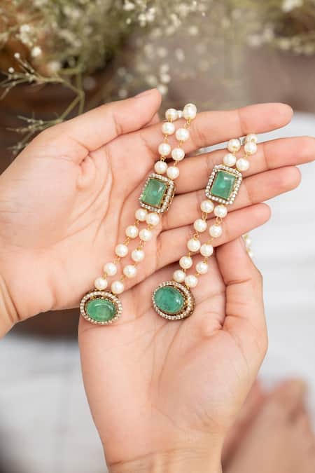 Buy_Do Taara_Green Pearls, Stones Statement Mint Earrings _Online_at_Aza_Fashions