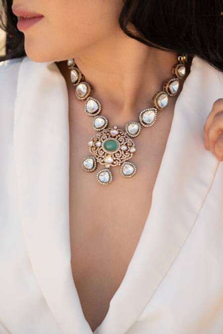 Do Taara Green Mint Polki Necklace at Aza Fashions Do Taara_Green Mint Polki Necklace _at_Aza_Fashions
