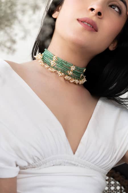 Buy Do Taara Green Kundan Necklace Online at Aza Fashions Buy_Do Taara_Green Kundan Necklace _Online_at_Aza_Fashions