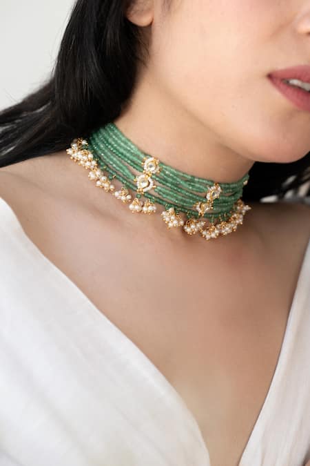 Shop Do Taara Green Kundan Necklace Online at Aza Fashions Shop_Do Taara_Green Kundan Necklace _Online_at_Aza_Fashions