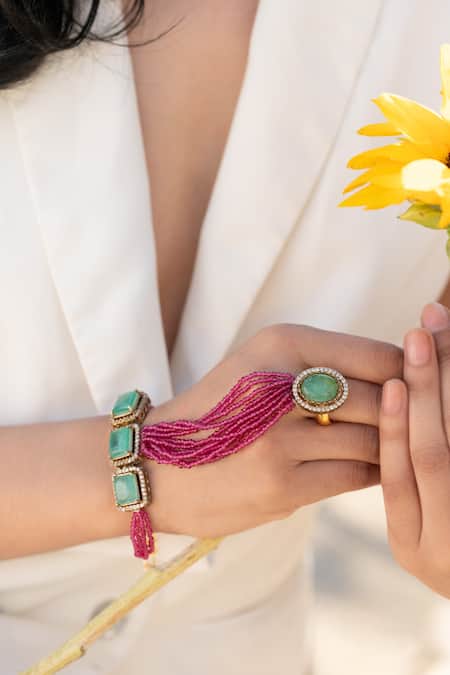 Buy Do Taara Pink Imitation Gemstones Hathphool Bracelet Online at Aza Fashions Buy_Do Taara_Pink Imitation Gemstones Hathphool Bracelet _Online_at_Aza_Fashions