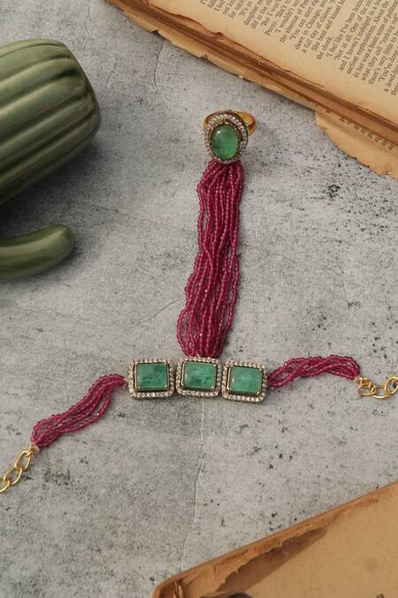 Shop Do Taara Pink Imitation Gemstones Hathphool Bracelet Online at Aza Fashions Shop_Do Taara_Pink Imitation Gemstones Hathphool Bracelet _Online_at_Aza_Fashions