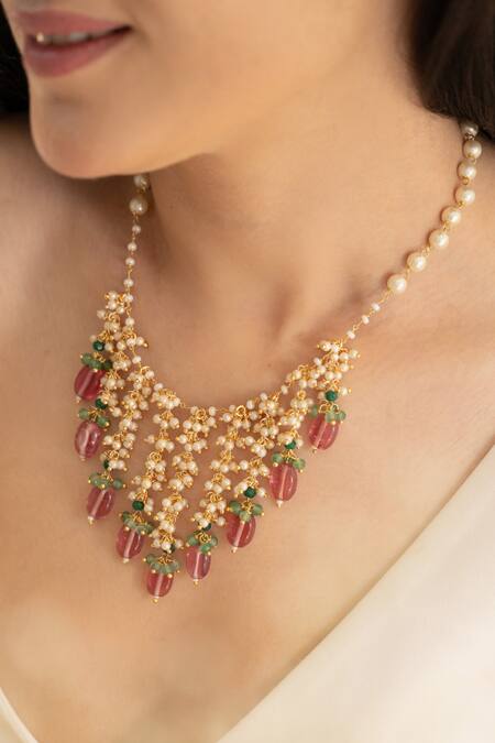 Buy_Do Taara_Pink And Pearls Necklace _Online_at_Aza_Fashions