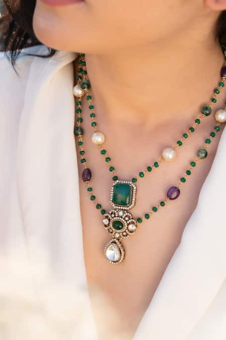 Do Taara Green Polki Necklace Online at Aza Fashions Do Taara_Green Polki Necklace _Online_at_Aza_Fashions