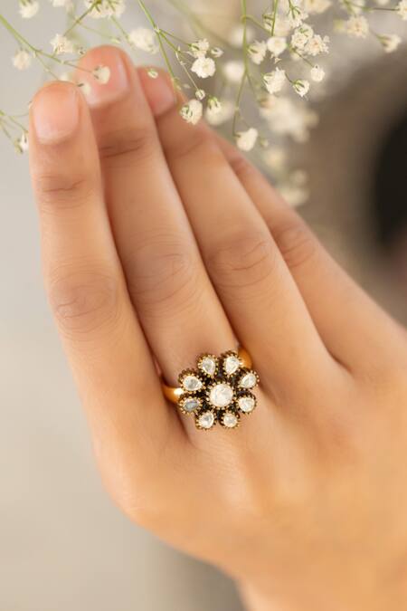 Do Taara Gold Plated Imitation Diamonds Floral Polki Ring Online at Aza Fashions Do Taara_Gold Plated Imitation Diamonds Floral Polki Ring _Online_at_Aza_Fashions