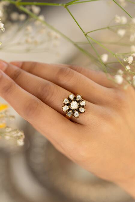 Shop Do Taara Gold Plated Imitation Diamonds Floral Polki Ring Online at Aza Fashions Shop_Do Taara_Gold Plated Imitation Diamonds Floral Polki Ring _Online_at_Aza_Fashions