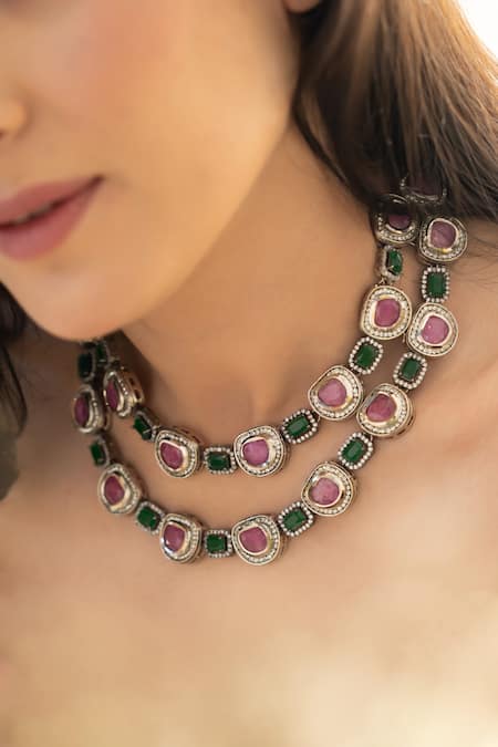 Do Taara Purple Crystals, Stones Necklace Set Online at Aza Fashions Do Taara_Purple Crystals, Stones Necklace Set _Online_at_Aza_Fashions