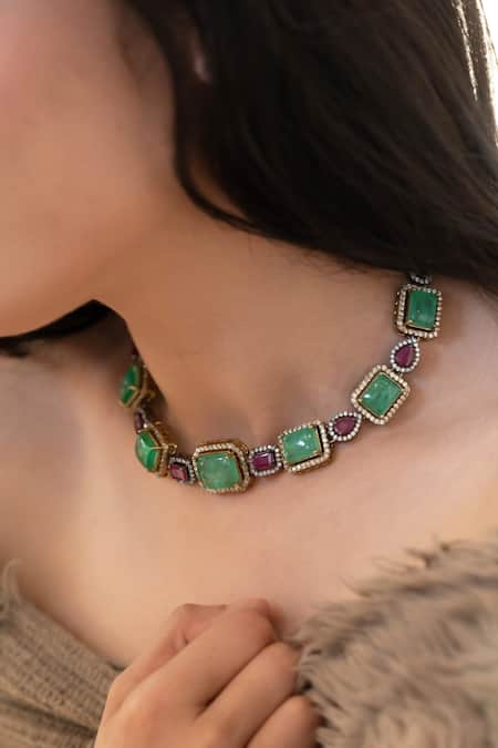 Do Taara_Mint Cubic Zirconia Embellished Choker _Online_at_Aza_Fashions