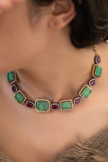 Buy_Do Taara_Mint Cubic Zirconia Embellished Choker _Online_at_Aza_Fashions