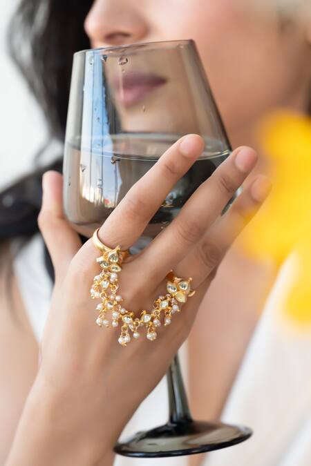 Do Taara Gold Plated Pearls Kundan Embellished Ring Online at Aza Fashions Do Taara_Gold Plated Pearls Kundan Embellished Ring _Online_at_Aza_Fashions