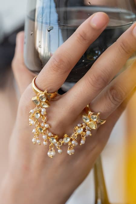 Buy Do Taara Gold Plated Pearls Kundan Embellished Ring Online at Aza Fashions Buy_Do Taara_Gold Plated Pearls Kundan Embellished Ring _Online_at_Aza_Fashions