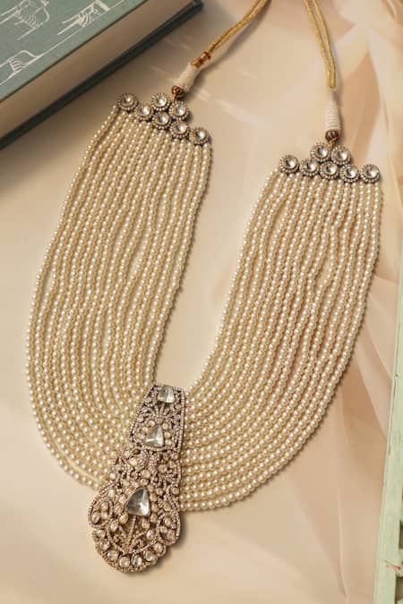 Shop_Do Taara_Gold Plated Polki And Pearl Necklace _Online_at_Aza_Fashions