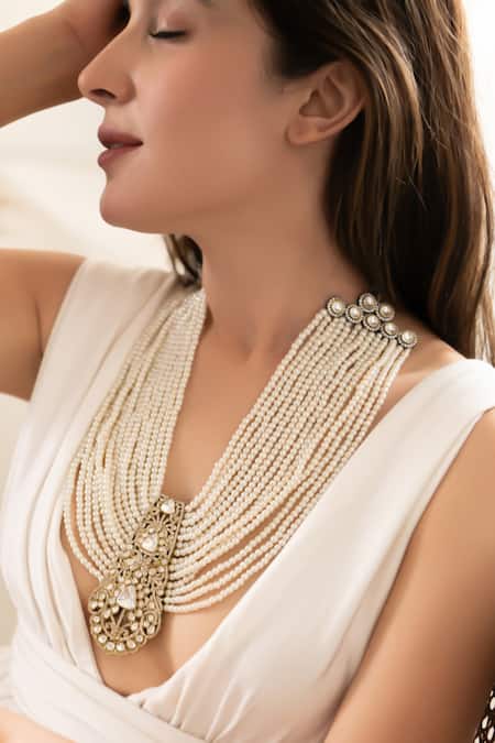 Do Taara_Gold Plated Polki And Pearl Necklace _at_Aza_Fashions