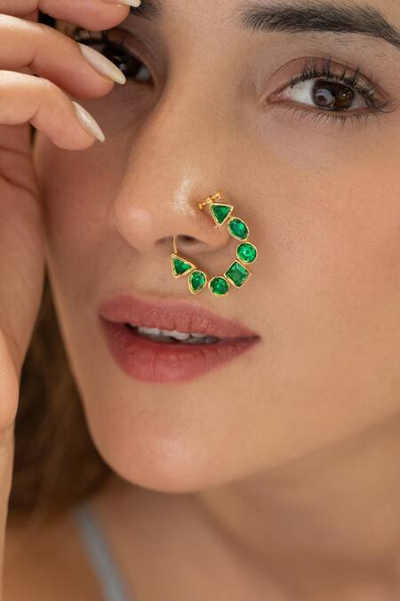 Do Taara_Green Polki Nosepin _Online_at_Aza_Fashions
