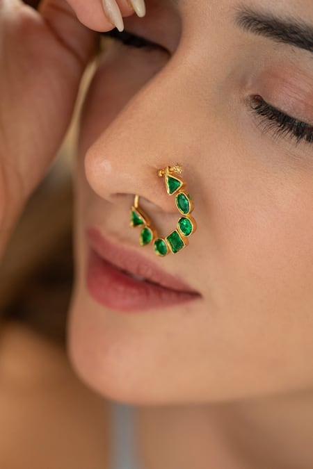 Buy_Do Taara_Green Polki Nosepin _Online_at_Aza_Fashions