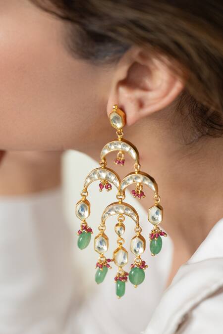 Do Taara Green Stones Kundan Earrings Online at Aza Fashions Do Taara_Green Stones Kundan Earrings _Online_at_Aza_Fashions