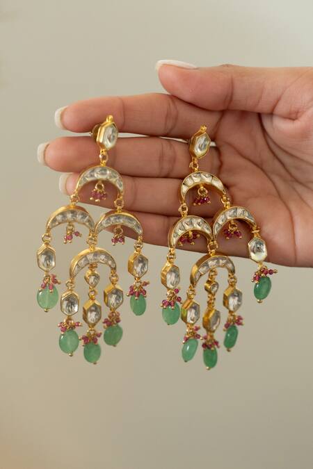 Shop Do Taara Green Stones Kundan Earrings Online at Aza Fashions Shop_Do Taara_Green Stones Kundan Earrings _Online_at_Aza_Fashions