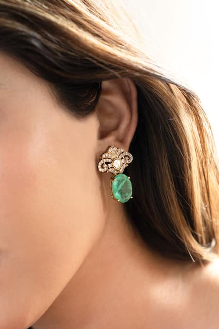 Buy Do Taara Green Stones, Crystals Floral Polki Earrings Online at Aza Fashions Buy_Do Taara_Green Stones, Crystals Floral Polki Earrings _Online_at_Aza_Fashions