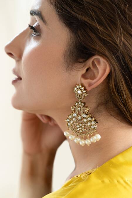 Buy Do Taara Gold Plated Pearls, Diamonds Victorian Floral Polki Earrings Online at Aza Fashions Buy_Do Taara_Gold Plated Pearls, Diamonds Victorian Floral Polki Earrings _Online_at_Aza_Fashions