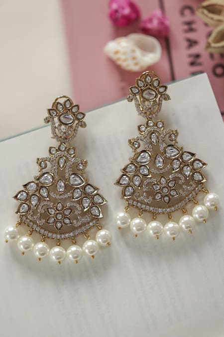 Shop Do Taara Gold Plated Pearls, Diamonds Victorian Floral Polki Earrings at Aza Fashions Shop_Do Taara_Gold Plated Pearls, Diamonds Victorian Floral Polki Earrings _at_Aza_Fashions