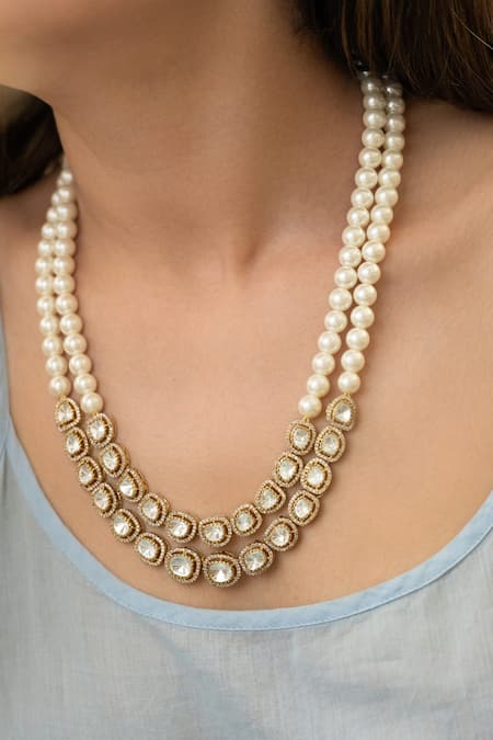 Shop_Do Taara_Gold Plated Polki Layered Necklace _Online_at_Aza_Fashions