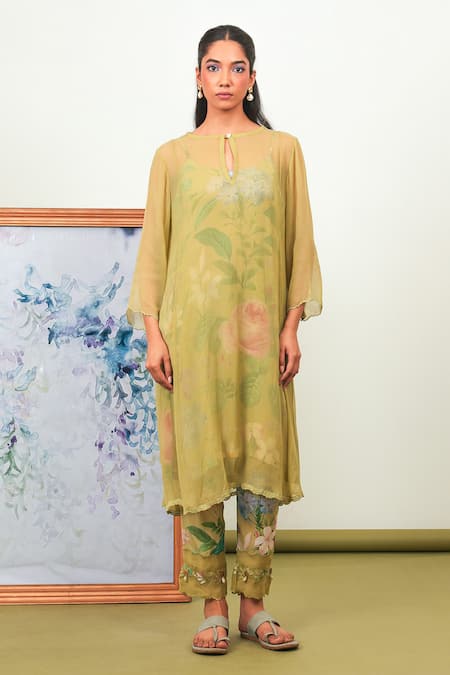 Sage Saga_Green Chiffon, Crepe Embroidery Keyhole Neck Zinnia Phiran Set _Online_at_Aza_Fashions