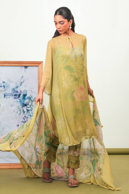 Buy_Sage Saga_Green Chiffon, Crepe Embroidery Keyhole Neck Zinnia Phiran Set _Online_at_Aza_Fashions