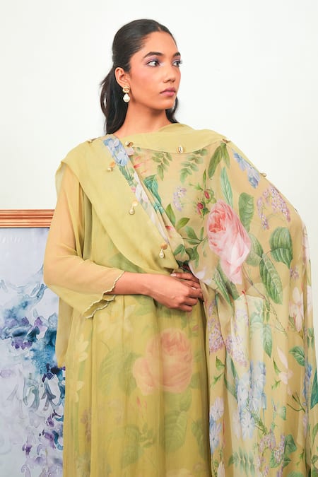 Shop_Sage Saga_Green Chiffon, Crepe Embroidery Keyhole Neck Zinnia Phiran Set _Online_at_Aza_Fashions