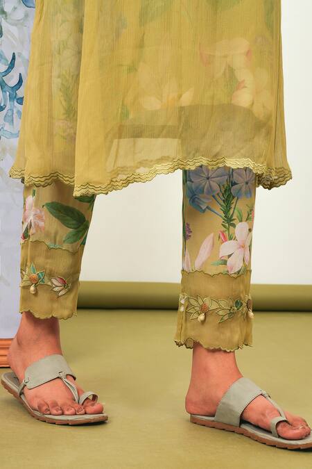 Sage Saga_Green Chiffon, Crepe Embroidery Keyhole Neck Zinnia Phiran Set _at_Aza_Fashions