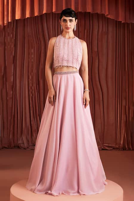Akara Pink Georgette Beads Round Neck Blush Blouse And Skirt Set 