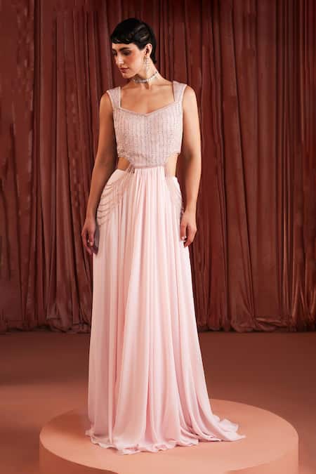 Akara Pink Georgette Beads Square Neck Baby Designer Top And Skirt Set 