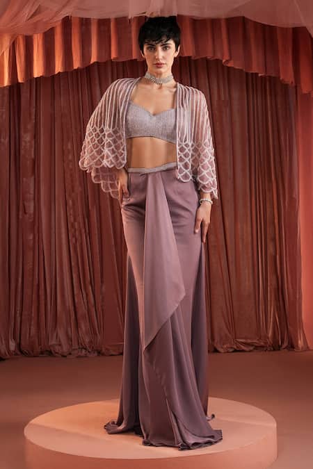 Akara Purple Satin Beads Sweetheart , Open Organza Cape And Skirt Set 