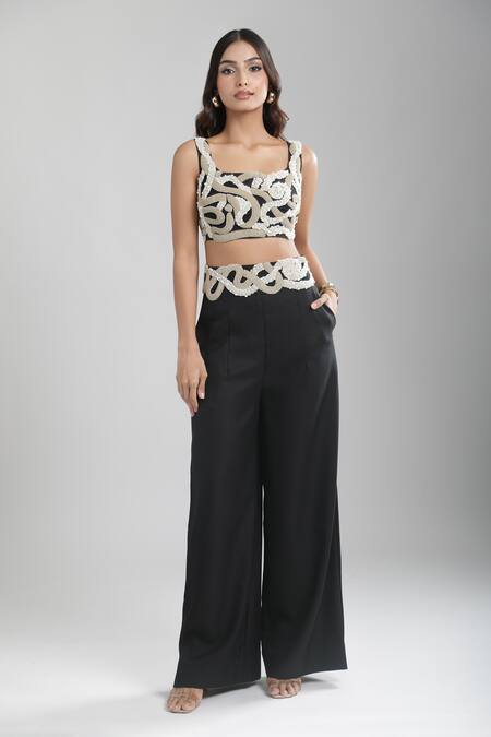 Anamika Khanna_Ivory Embroidery Open , Square Contrast Cape And Pant Set _Online_at_Aza_Fashions