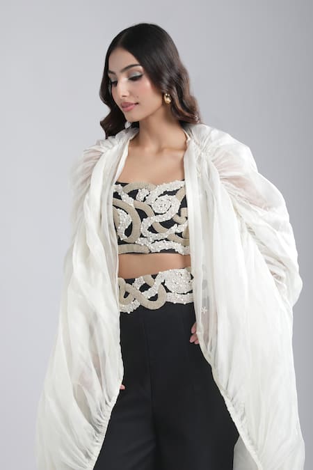 Shop_Anamika Khanna_Ivory Embroidery Open , Square Contrast Cape And Pant Set _Online_at_Aza_Fashions
