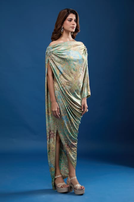 Tarun Tahiliani_Green Asymmetric Floral Pattern Dress _Online_at_Aza_Fashions