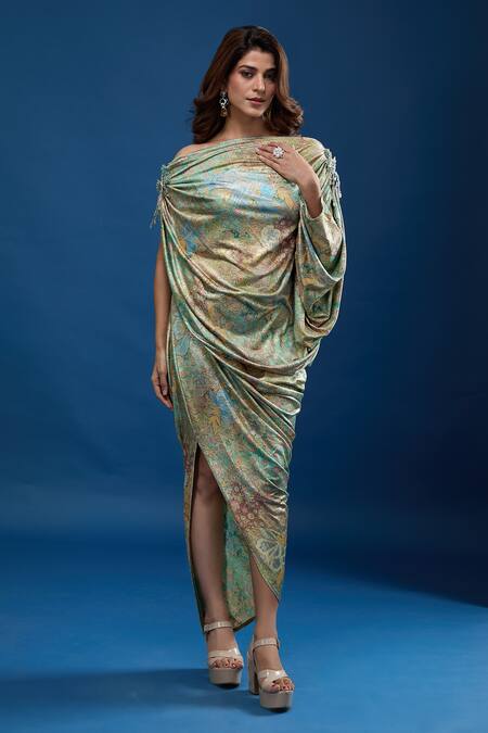 Shop_Tarun Tahiliani_Green Asymmetric Floral Pattern Dress _Online_at_Aza_Fashions