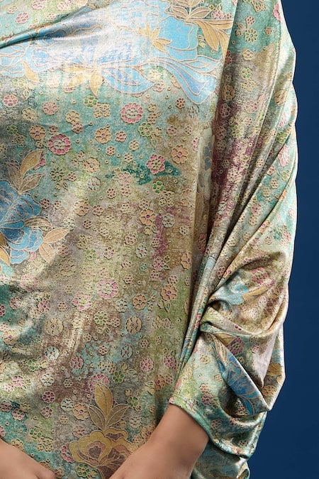 Tarun Tahiliani_Green Asymmetric Floral Pattern Dress _at_Aza_Fashions