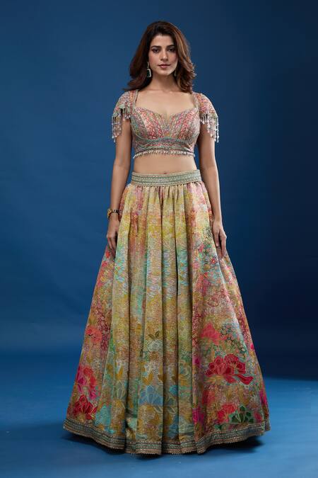 Tarun Tahiliani_Multi Color Beads, Sequins Notched Neck Floral Pattern Lehenga Set _Online_at_Aza_Fashions