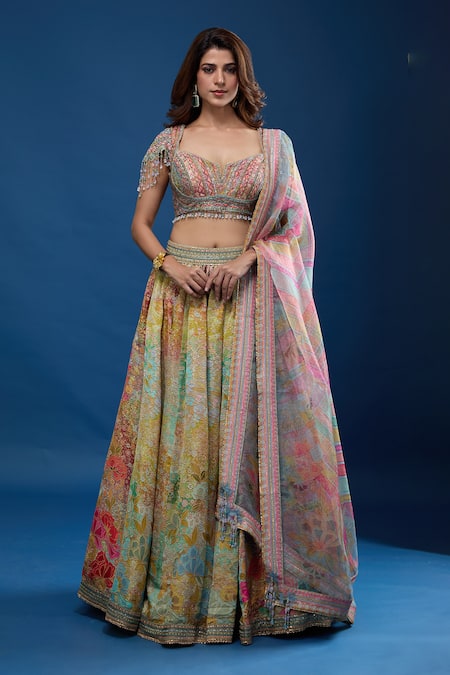 Buy_Tarun Tahiliani_Multi Color Beads, Sequins Notched Neck Floral Pattern Lehenga Set _Online_at_Aza_Fashions