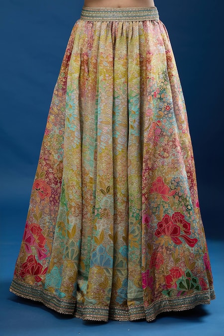 Shop_Tarun Tahiliani_Multi Color Beads, Sequins Notched Neck Floral Pattern Lehenga Set _Online_at_Aza_Fashions