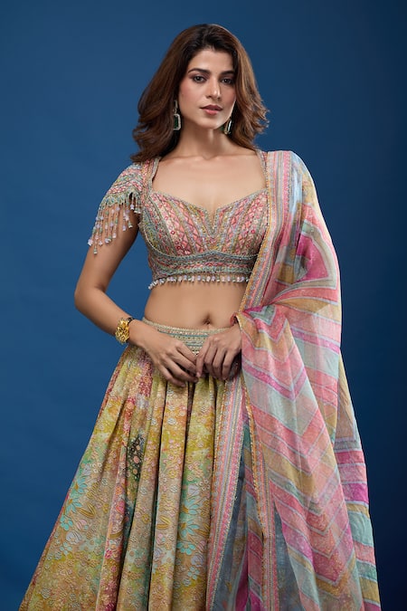 Tarun Tahiliani_Multi Color Beads, Sequins Notched Neck Floral Pattern Lehenga Set _at_Aza_Fashions