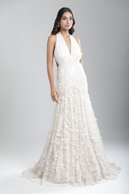 Tarun Tahiliani Ivory Fabric Flowers Halter Neck Embroidered Gown
