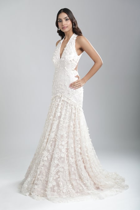 Tarun Tahiliani_Ivory Fabric Flowers Halter Neck Embroidered Gown _Online_at_Aza_Fashions
