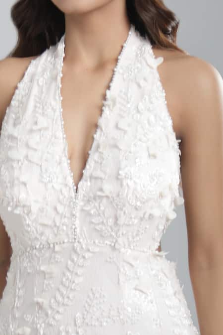 Buy_Tarun Tahiliani_Ivory Fabric Flowers Halter Neck Embroidered Gown _Online_at_Aza_Fashions