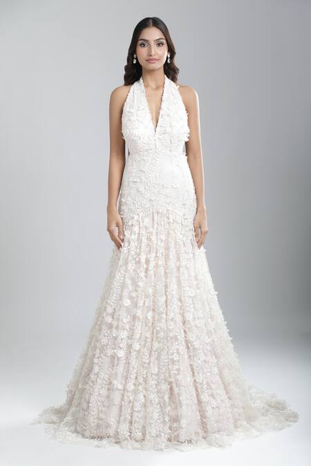 Shop_Tarun Tahiliani_Ivory Fabric Flowers Halter Neck Embroidered Gown _Online_at_Aza_Fashions