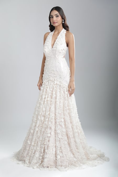 Tarun Tahiliani_Ivory Fabric Flowers Halter Neck Embroidered Gown _at_Aza_Fashions
