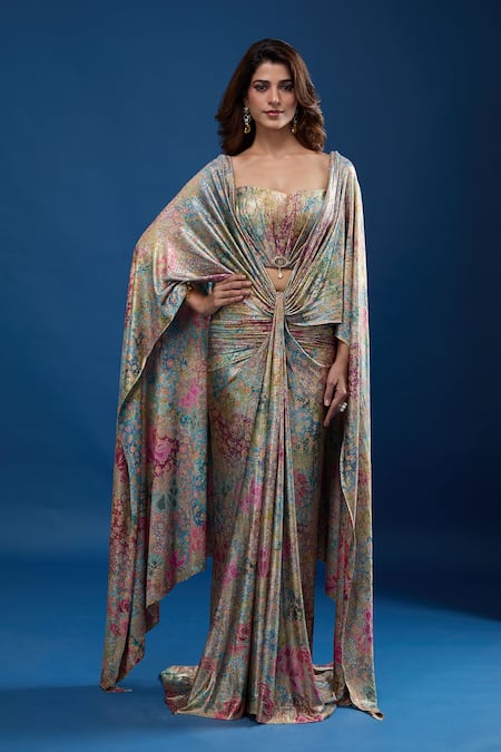 Buy_Tarun Tahiliani_Multi Color Sweetheart Neck Floral Pattern Concept Saree Set _Online_at_Aza_Fashions